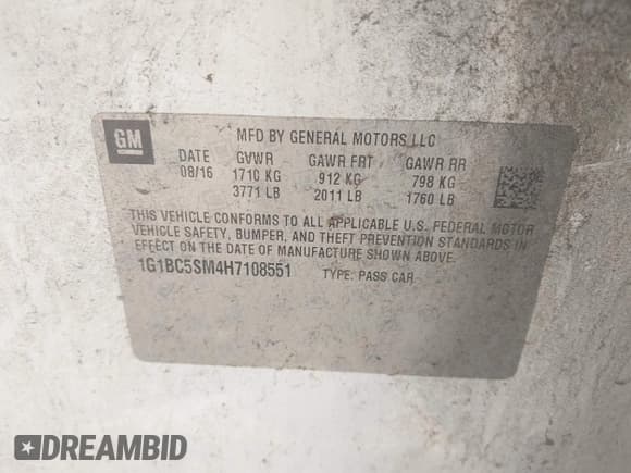 ✅ 2017 Chevrolet Cruze LS • VIN: 1G1BC5SM4H7108551 • Lot: 42629744. Listed on IAAI with 67,874 mi. Free auction sales archive from the USA and detailed vehicle history report at DreamBid. Image 9.