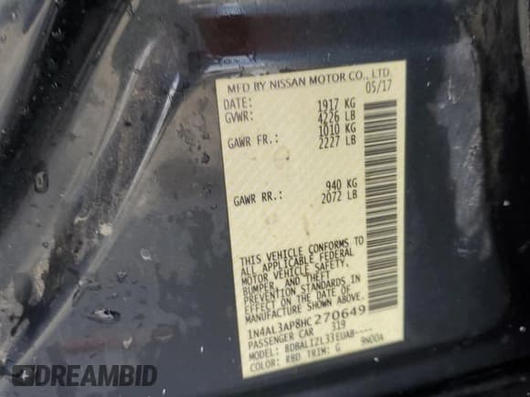 ✅ 2017 Nissan Altima SV • VIN: 1N4AL3AP8HC270649 • Lot: 81483145. Listed on Copart with 187,077 mi. Free auction sales archive from the USA and detailed vehicle history report at DreamBid. Image 12.