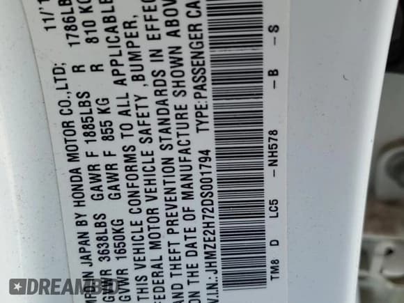 ✅ 2013 Honda Insight EX • VIN: JHMZE2H72DS001794 • Lot: 69564405. Listed on Copart with Not provided. Free auction sales archive from the USA and detailed vehicle history report at DreamBid. Image 13.