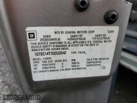 1999 GMC Sierra 1500 SLE с VIN 1GTEC14T7XE532642, выставлен на аукционе Copart как лот 86437715 с пробегом Не указан миль и Списание • Salvage title. История ставок и продаж доступна на DreamBid. Изображение 12.