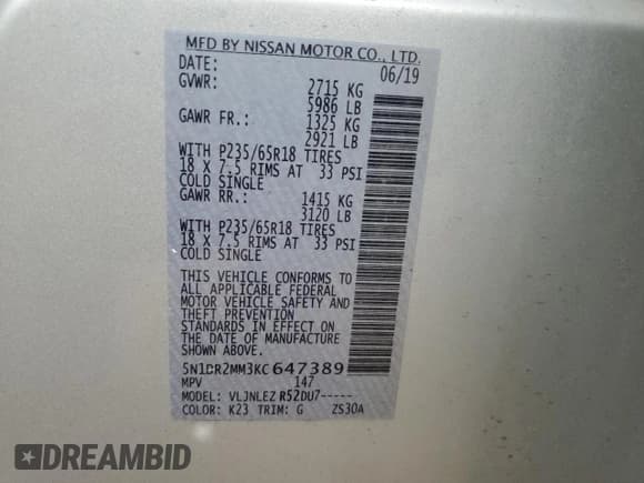 ✅ 2019 Nissan Pathfinder S • VIN: 5N1DR2MM3KC647389 • Лот: 70249435. Опубликован ранее на Copart с пробегом 88 064 миль. Бесплатный доступ к архиву аукционных продаж из США и подробный отчёт об истории автомобиля на DreamBid. Изображение 13.