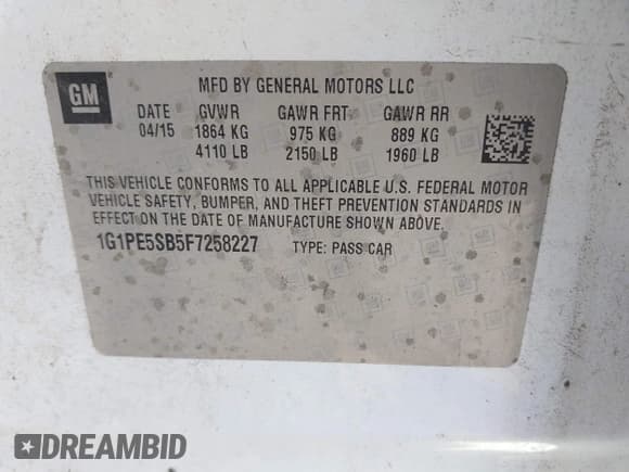 ✅ 2015 Chevrolet Cruze LT • VIN: 1G1PE5SB5F7258227 • Lot: 43460827. Listed on IAAI with 128,271 mi. Free auction sales archive from the USA and detailed vehicle history report at DreamBid. Image 9.