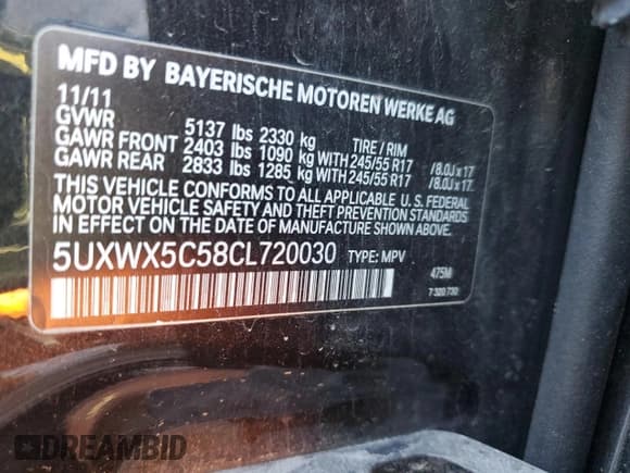 ✅ 2012 BMW X3 28i • VIN: 5UXWX5C58CL720030 • Lot: 90333625. Listed on Copart with Not provided. Free auction sales archive from the USA and detailed vehicle history report at DreamBid. Image 12.