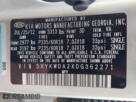 ✅ 2013 Kia Sorento SX • VIN: 5XYKWDA2XDG362271 • Lot: 42340426. Listed on IAAI with 94,459 mi. Free auction sales archive from the USA and detailed vehicle history report at DreamBid. Image 9.