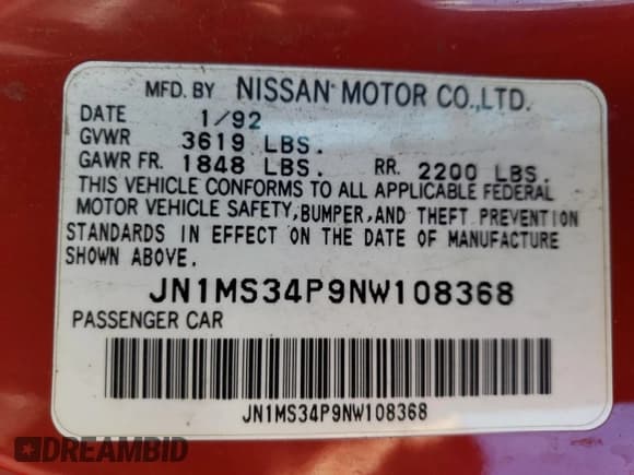 ✅ 1992 Nissan 240SX • VIN: JN1MS34P9NW108368 • Лот: 84543714. Опубликован ранее на Copart с пробегом 197 686 миль. Бесплатный доступ к архиву аукционных продаж из США и подробный отчёт об истории автомобиля на DreamBid. Изображение 12.