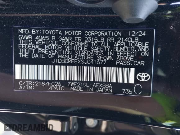 ✅ 2025 Toyota Corolla Hybrid LE • VIN: JTDBCMFEXSJ041677 • Lot: 41852049. Listed on IAAI with 2,202 mi. Free auction sales archive from the USA and detailed vehicle history report at DreamBid. Image 9.