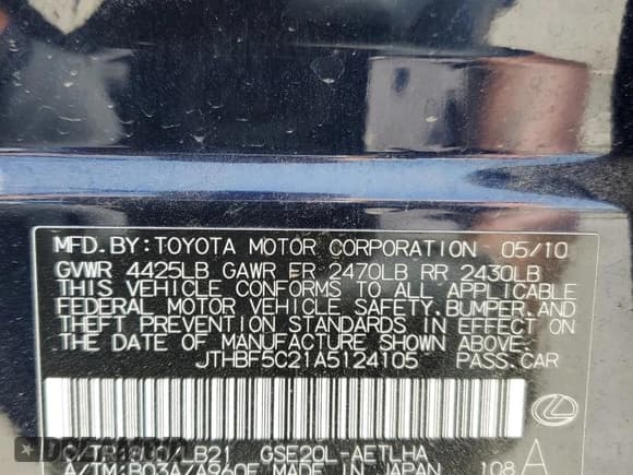 ✅ 2010 Lexus IS 250 • VIN: JTHBF5C21A5124105 • Lot: 61982115. Listed on Copart with 253,401 mi. Free auction sales archive from the USA and detailed vehicle history report at DreamBid. Image 12.