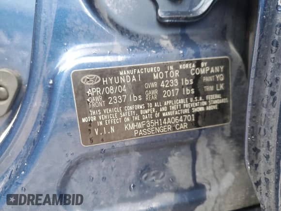 2004 Hyundai Sonata GLS с VIN KMHWF35H14A064701, выставлен на аукционе Copart как лот 45476505 с пробегом Не указан миль и Списание • Salvage title. История ставок и продаж доступна на DreamBid. Изображение 13.