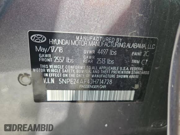 2018 Hyundai Sonata SE z VIN 5NPE24AF4JH714728, wystawiony jako Copart lot #64043885 z przebiegiem 118 219 mil mil oraz Szkoda całkowita • Salvage title. Historia ofert i sprzedaży dostępna na DreamBid. Obrazek 13.