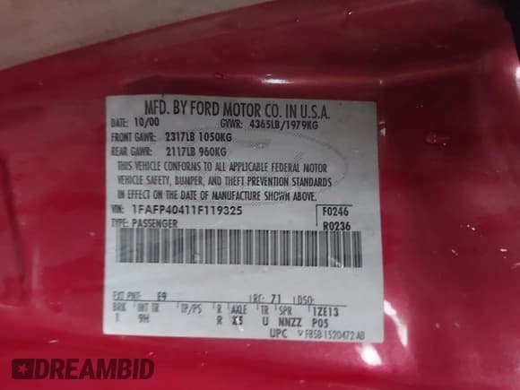 ✅ 2001 Ford Mustang Standard • VIN: 1FAFP40411F119325 • Lot: 43735052. Listed on IAAI with 145,487 mi. Free auction sales archive from the USA and detailed vehicle history report at DreamBid. Image 9.
