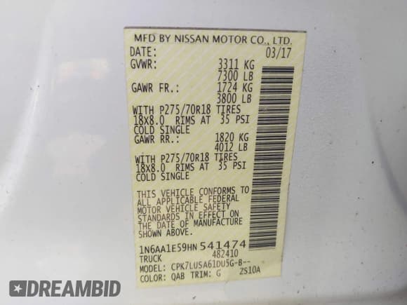 ✅ 2017 Nissan Titan SV • VIN: 1N6AA1E59HN541474 • Lot: 42884307. Listed on IAAI with 100,422 mi. Free auction sales archive from the USA and detailed vehicle history report at DreamBid. Image 9.