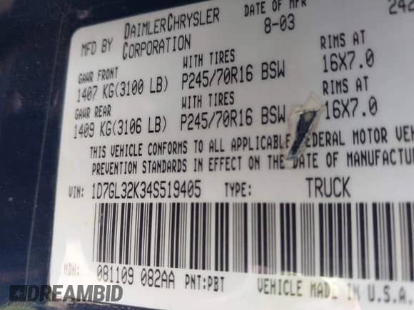 2004 Dodge Dakota Sport z VIN 1D7GL32K34S519405, wystawiony jako IAAI lot #42829944 z przebiegiem 153 345 mil mil oraz . Historia ofert i sprzedaży dostępna na DreamBid. Obrazek 9.