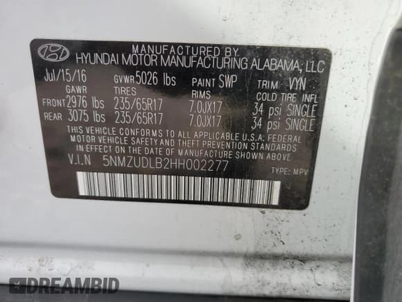 ✅ 2017 Hyundai Santa Fe 2.4L • VIN: 5NMZUDLB2HH002277 • Лот: 56006714. Опубликован ранее на Copart с пробегом 61 930 миль. Бесплатный доступ к архиву аукционных продаж из США и подробный отчёт об истории автомобиля на DreamBid. Изображение 13.