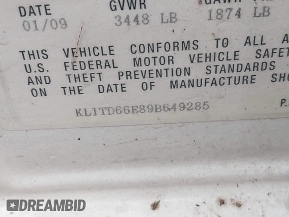 ✅ 2009 Chevrolet Aveo 1LT • VIN: KL1TD66E89B649285 • Lot: 42127053. Wystawiony na IAAI z przebiegiem 332 180 mil. Bezpłatny archiwum sprzedaży aukcyjnych z USA i szczegółowy raport historii pojazdu na DreamBid. Zdjęcie 9.