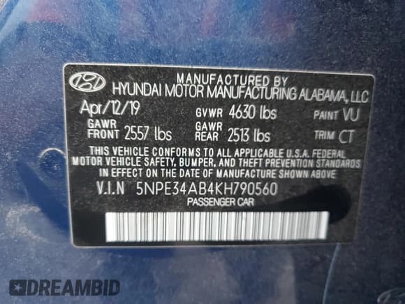 ✅ 2019 Hyundai Sonata Limited • VIN: 5NPE34AB4KH790560 • Lot: 46799883. Listed on Copart with 7,794 mi. Free auction sales archive from the USA and detailed vehicle history report at DreamBid. Image 12.