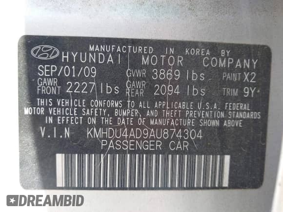 2010 Hyundai Elantra SE with VIN KMHDU4AD9AU874304, listed as a IAAI auction lot 42336805 with 68,494 mi miles and . Bid and sale history available at DreamBid. Image 9.