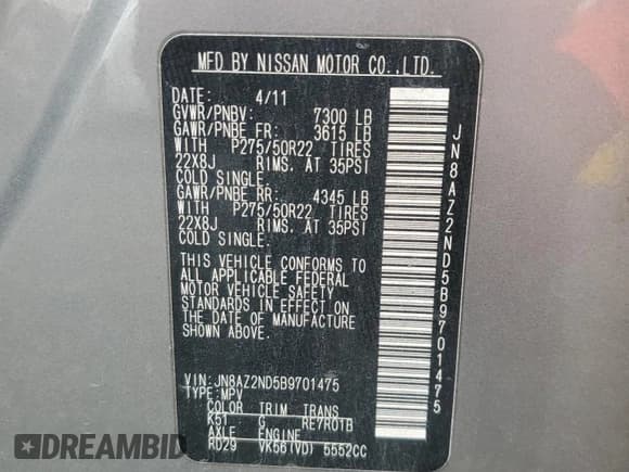 ✅ 2011 Infiniti QX56 8-passenger • VIN: JN8AZ2ND5B9701475 • Lot: 71476675. Listed on Copart with 201,907 mi. Free auction sales archive from the USA and detailed vehicle history report at DreamBid. Image 13.