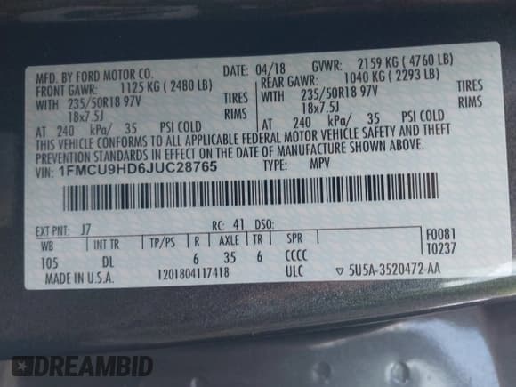 ✅ 2018 Ford Escape SEL • VIN: 1FMCU9HD6JUC28765 • Лот: 43234116. Опубликован ранее на IAAI с пробегом 57 203 миль. Бесплатный доступ к архиву аукционных продаж из США и подробный отчёт об истории автомобиля на DreamBid. Изображение 8.