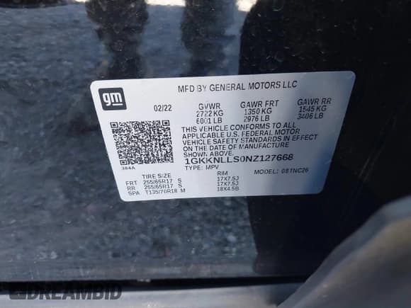 ✅ 2022 GMC Acadia AT4 • VIN: 1GKKNLLS0NZ127668 • Lot: 43605894. Listed on IAAI with Not provided. Free auction sales archive from the USA and detailed vehicle history report at DreamBid. Image 9.