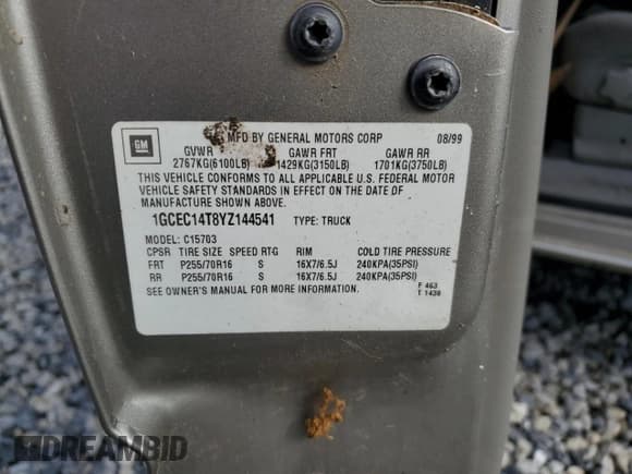 ✅ 2000 Chevrolet Silverado 1500 LS • VIN: 1GCEC14T8YZ144541 • Lot: 57069285. Listed on Copart with Not provided. Free auction sales archive from the USA and detailed vehicle history report at DreamBid. Image 12.