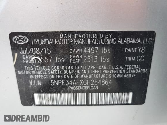 ✅ 2016 Hyundai Sonata Sport • VIN: 5NPE34AFXGH264864 • Lot: 49870413. Listed on Copart with Not provided. Free auction sales archive from the USA and detailed vehicle history report at DreamBid. Image 12.