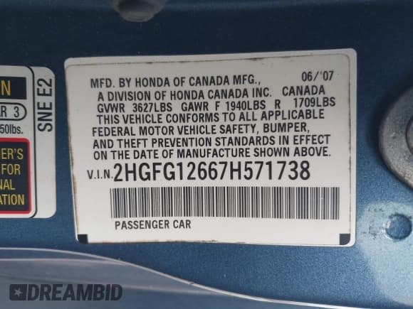 ✅ 2007 Honda Civic LX • VIN: 2HGFG12667H571738 • Lot: 43566412. Listed on IAAI with 185,345 mi. Free auction sales archive from the USA and detailed vehicle history report at DreamBid. Image 9.