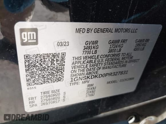 ✅ 2023 Chevrolet Suburban Z71 • VIN: 1GNSKDKD0PR327831 • Lot: 42449967. Listed on IAAI with 68,920 mi. Free auction sales archive from the USA and detailed vehicle history report at DreamBid. Image 9.