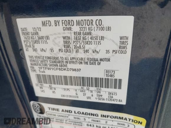 ✅ 2013 Ford F-150 Lariat • VIN: 1FTFW1CF6DKD79837 • Lot: 42872440. Listed on IAAI with 153,391 mi. Free auction sales archive from the USA and detailed vehicle history report at DreamBid. Image 9.