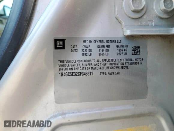 ✅ 2012 Buick LaCrosse Leather • VIN: 1G4GC5E32CF343511 • Lot: 58705155. Listed on Copart with 197,496 mi. Free auction sales archive from the USA and detailed vehicle history report at DreamBid. Image 12.