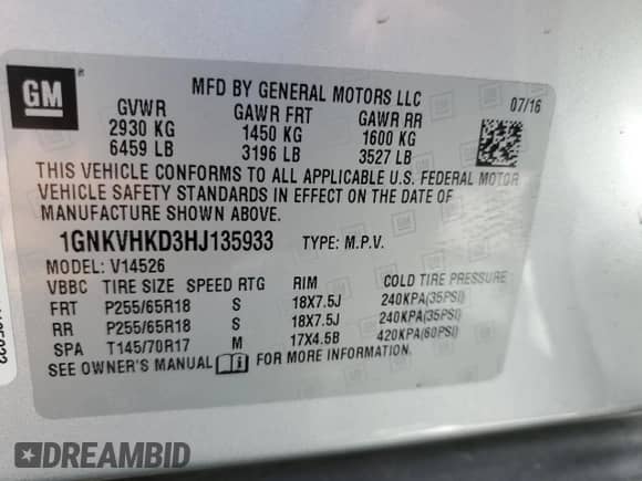 2017 Chevrolet Traverse LT with VIN 1GNKVHKD3HJ135933, listed as a Copart auction lot 69659425 with Not provided miles and Salvage title. Bid and sale history available at DreamBid. Image 13.