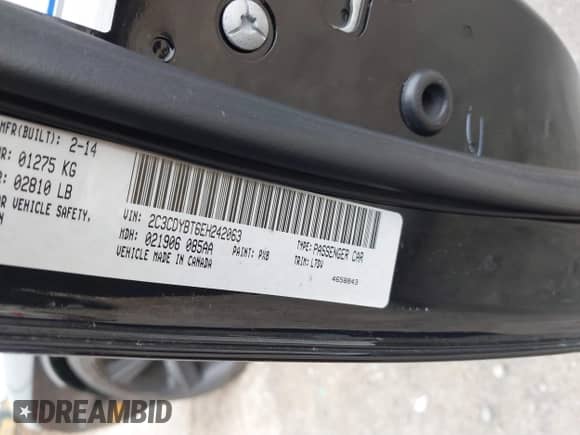 2014 Dodge Challenger R/T 100th Anniversary Appearance with VIN 2C3CDYBT6EH242063, listed as a IAAI auction lot 41490675 with 143,802 mi miles and . Bid and sale history available at DreamBid. Image 9.