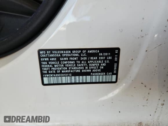 ✅ 2012 Volkswagen Passat SEL Premium • VIN: 1VWCN7A33CC012112 • Лот: 70836725. Опубликован ранее на Copart с пробегом Не указан. Бесплатный доступ к архиву аукционных продаж из США и подробный отчёт об истории автомобиля на DreamBid. Изображение 12.