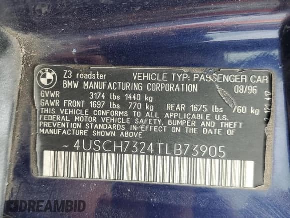 ✅ 1996 BMW 3 Series Z3 1.9 • VIN: 4USCH7324TLB73905 • Lot: 76385444. Listed on Copart with 57,485 mi. Free auction sales archive from the USA and detailed vehicle history report at DreamBid. Image 13.