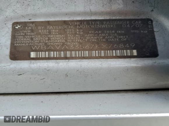 ✅ 2007 BMW 3 Series 328i • VIN: WBAVA33567KX76849 • Lot: 95457845. Wystawiony na Copart z przebiegiem 193 212 mil. Bezpłatny archiwum sprzedaży aukcyjnych z USA i szczegółowy raport historii pojazdu na DreamBid. Zdjęcie 12.
