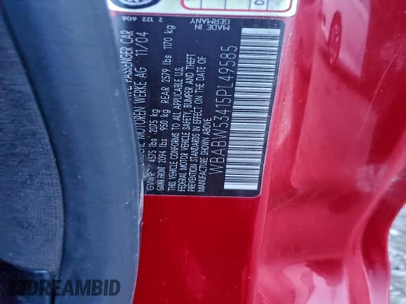 ✅ 2005 BMW 3 Series 330Ci • VIN: WBABW53415PL49585 • Lot: 95086425. Listed on Copart with 109,349 mi. Free auction sales archive from the USA and detailed vehicle history report at DreamBid. Image 12.