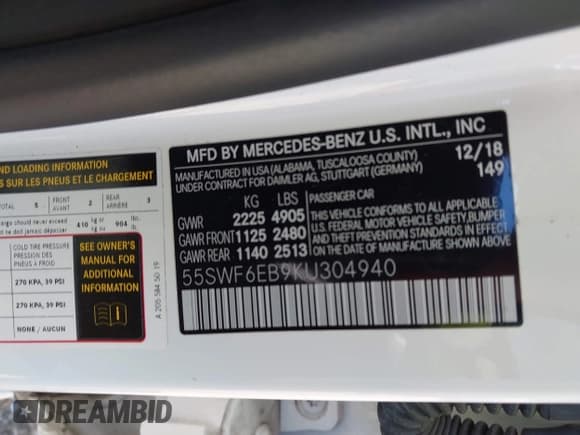 ✅ 2019 Mercedes-Benz C 43 AMG • VIN: 55SWF6EB9KU304940 • Lot: 43096578. Listed on IAAI with 50,441 mi. Free auction sales archive from the USA and detailed vehicle history report at DreamBid. Image 9.