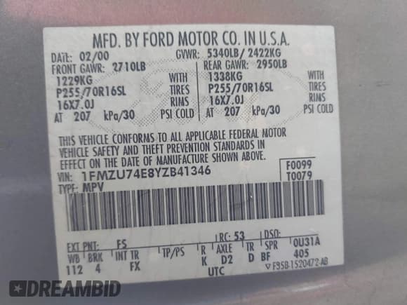 ✅ 2000 Ford Explorer Eddie Bauer • VIN: 1FMZU74E8YZB41346 • Lot: 41601042. Wystawiony na IAAI z przebiegiem 295 103 mil. Bezpłatny archiwum sprzedaży aukcyjnych z USA i szczegółowy raport historii pojazdu na DreamBid. Zdjęcie 9.