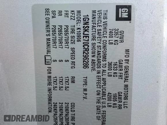 ✅ 2012 Chevrolet Suburban LT • VIN: 1GNSKJE70CR296286 • Lot: 82691045. Listed on Copart with 251,938 mi. Free auction sales archive from the USA and detailed vehicle history report at DreamBid. Image 13.