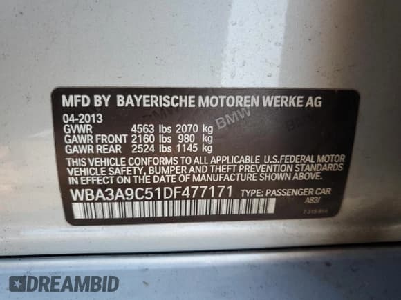 ✅ 2013 BMW 3 Series 335i • VIN: WBA3A9C51DF477171 • Lot: 66340465. Listed on Copart with Not provided. Free auction sales archive from the USA and detailed vehicle history report at DreamBid. Image 12.