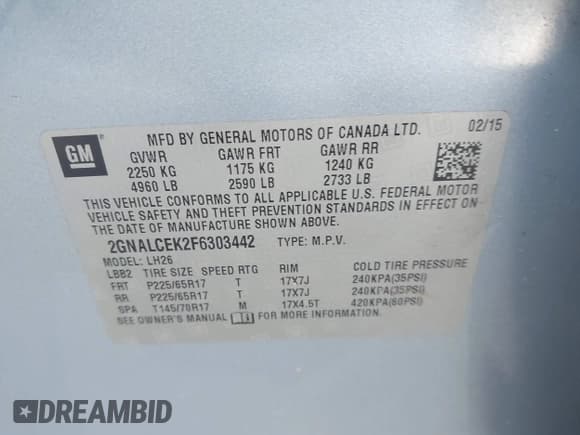 ✅ 2015 Chevrolet Equinox LT • VIN: 2GNALCEK2F6303442 • Лот: 43669025. Опубликован ранее на IAAI с пробегом 162 822 миль. Бесплатный доступ к архиву аукционных продаж из США и подробный отчёт об истории автомобиля на DreamBid. Изображение 9.