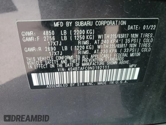 ✅ 2022 Subaru Outback Premium • VIN: 4S4BTAFC0N3192111 • Lot: 81591315. Listed on Copart with Not provided. Free auction sales archive from the USA and detailed vehicle history report at DreamBid. Image 14.