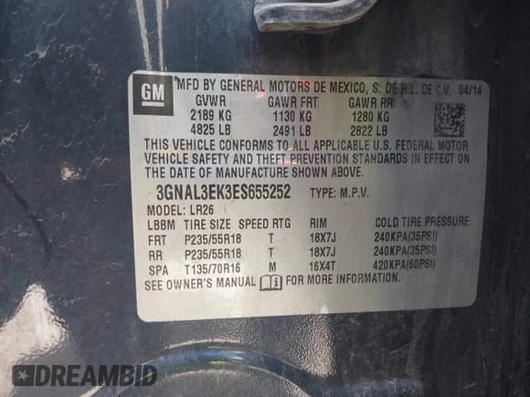 ✅ 2014 Chevrolet Captiva Sport LT • VIN: 3GNAL3EK3ES655252 • Lot: 42135440. Wystawiony na IAAI z przebiegiem 140 133 mil. Bezpłatny archiwum sprzedaży aukcyjnych z USA i szczegółowy raport historii pojazdu na DreamBid. Zdjęcie 9.