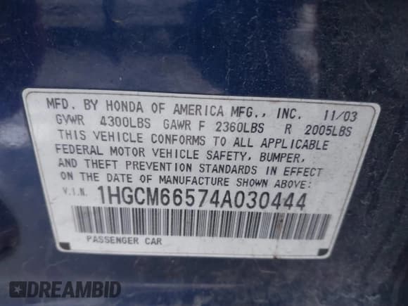 ✅ 2004 Honda Accord EX • VIN: 1HGCM66574A030444 • Lot: 41379489. Listed on IAAI with Not provided. Free auction sales archive from the USA and detailed vehicle history report at DreamBid. Image 9.