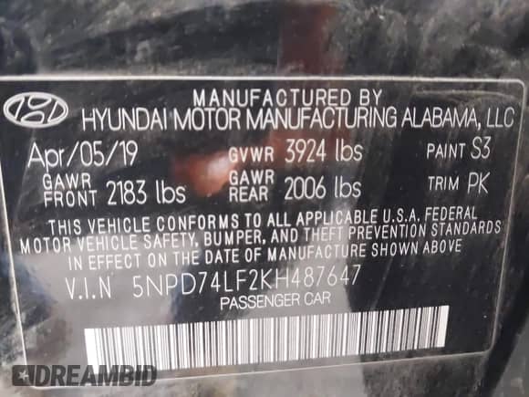 2019 Hyundai Elantra SE z VIN 5NPD74LF2KH487647, wystawiony jako IAAI lot #42182698 z przebiegiem 108 092 mil mil oraz . Historia ofert i sprzedaży dostępna na DreamBid. Obrazek 9.