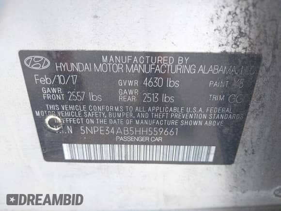 2017 Hyundai Sonata Sport with VIN 5NPE34AB5HH559661, listed as a IAAI auction lot 42489745 with 95,090 mi miles and . Bid and sale history available at DreamBid. Image 9.