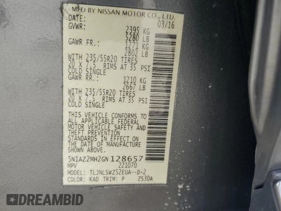 ✅ 2016 Nissan Murano S • VIN: 5N1AZ2MH2GN128657 • Lot: 67012245. Listed on Copart with 127,035 mi. Free auction sales archive from the USA and detailed vehicle history report at DreamBid. Image 12.