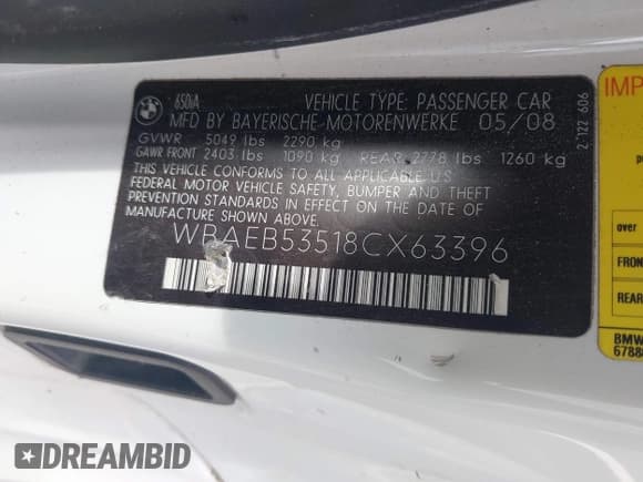 ✅ 2008 BMW 6 Series 650i • VIN: WBAEB53518CX63396 • Lot: 43232461. Listed on IAAI with 103,613 mi. Free auction sales archive from the USA and detailed vehicle history report at DreamBid. Image 9.