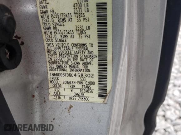 ✅ 2006 Nissan Frontier XE • VIN: 1N6BD06T96C458302 • Lot: 56333225. Listed on Copart with 122,637 mi. Free auction sales archive from the USA and detailed vehicle history report at DreamBid. Image 12.