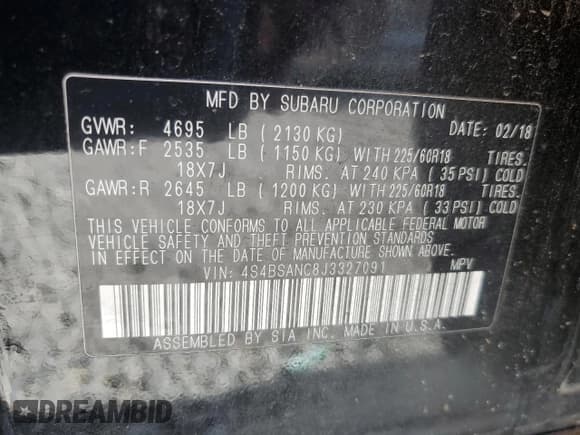 ✅ 2018 Subaru Outback Limited • VIN: 4S4BSANC8J3327091 • Lot: 66561325. Listed on Copart with 78,533 mi. Free auction sales archive from the USA and detailed vehicle history report at DreamBid. Image 12.