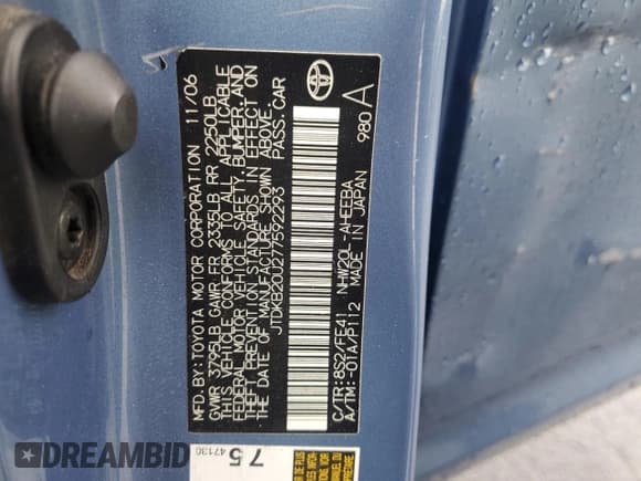 ✅ 2007 Toyota Prius • VIN: JTDKB20U277592293 • Lot: 82458835. Listed on Copart with 309,827 mi. Free auction sales archive from the USA and detailed vehicle history report at DreamBid. Image 12.